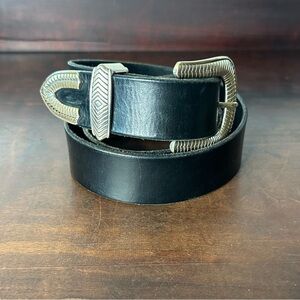 Smooth Black Leather Belt Size 40 with Silvertone Buckle, Belt Loop and End Tip